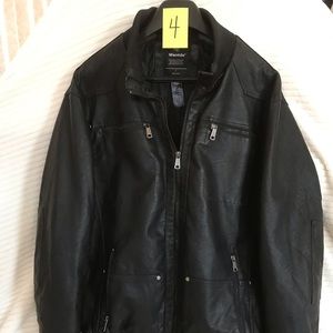 Black Wantdo black, leather like, hooded jacket.